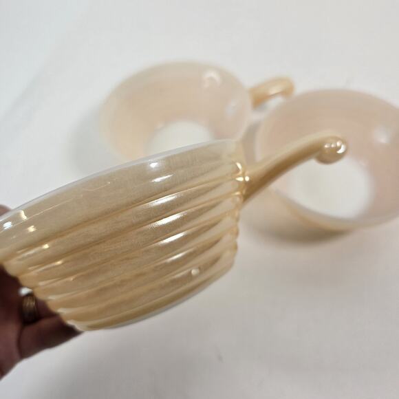 Vintage Fire King Peach Luster Set Of 3 Ovenware Beehive Soup Bowls With Handles - Picture 6 of 10